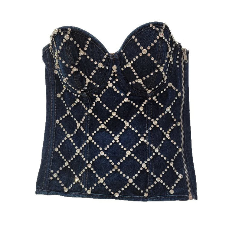 DEAT 2026 Spring Fashion New Back Bandage Beaded Denim Vest For Women Lace-up Slim Fit Zipper Tank Top Female Trendy 11A07881