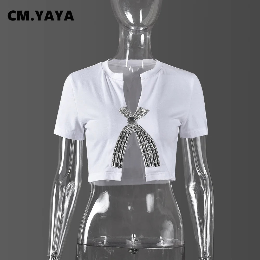 Women Fashion Diamonds Hot Rhinestones Bowknot Short Sleeve T-shirt Streetwear Elastic INS Tee Tops