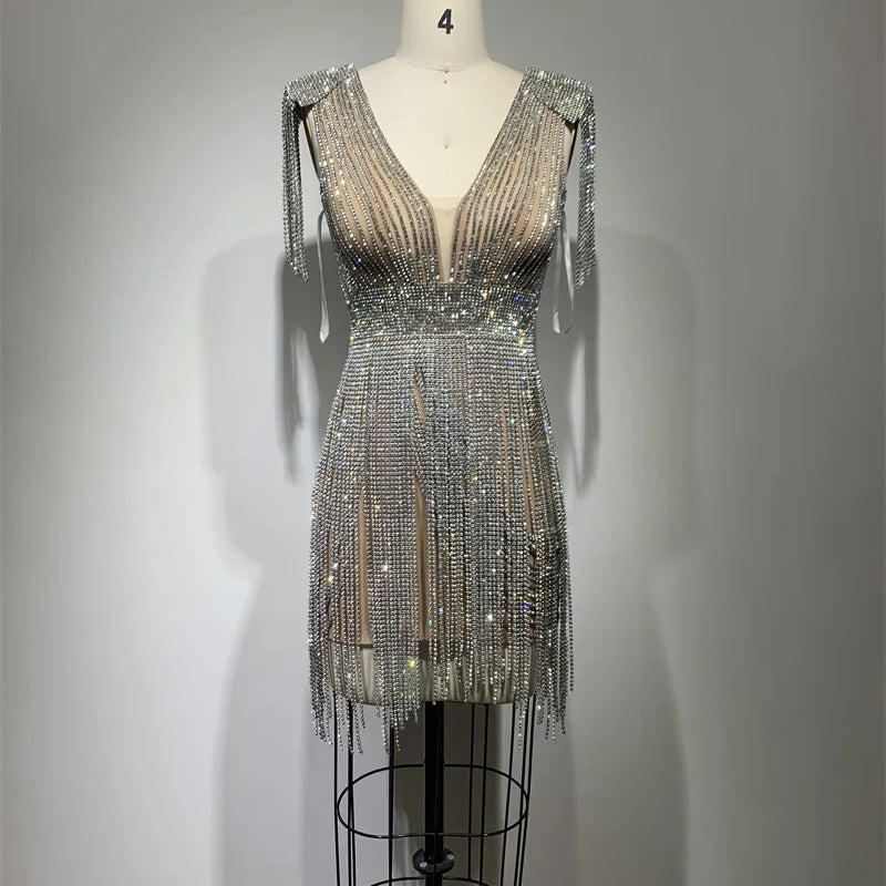 STOCK Super Shining Diamond Tassel Sexy V-Neck Mini Dress Fashion Woman Birthday Party Outfit Performance Costume