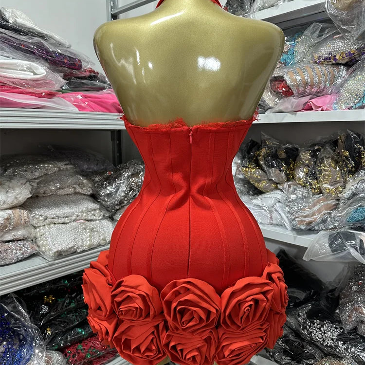 Women Sleeveless Sexy Halter Florlas Bodycon Mini Bandage Dress Celebrate Fashion Nightclub Party Birthday Outfit
