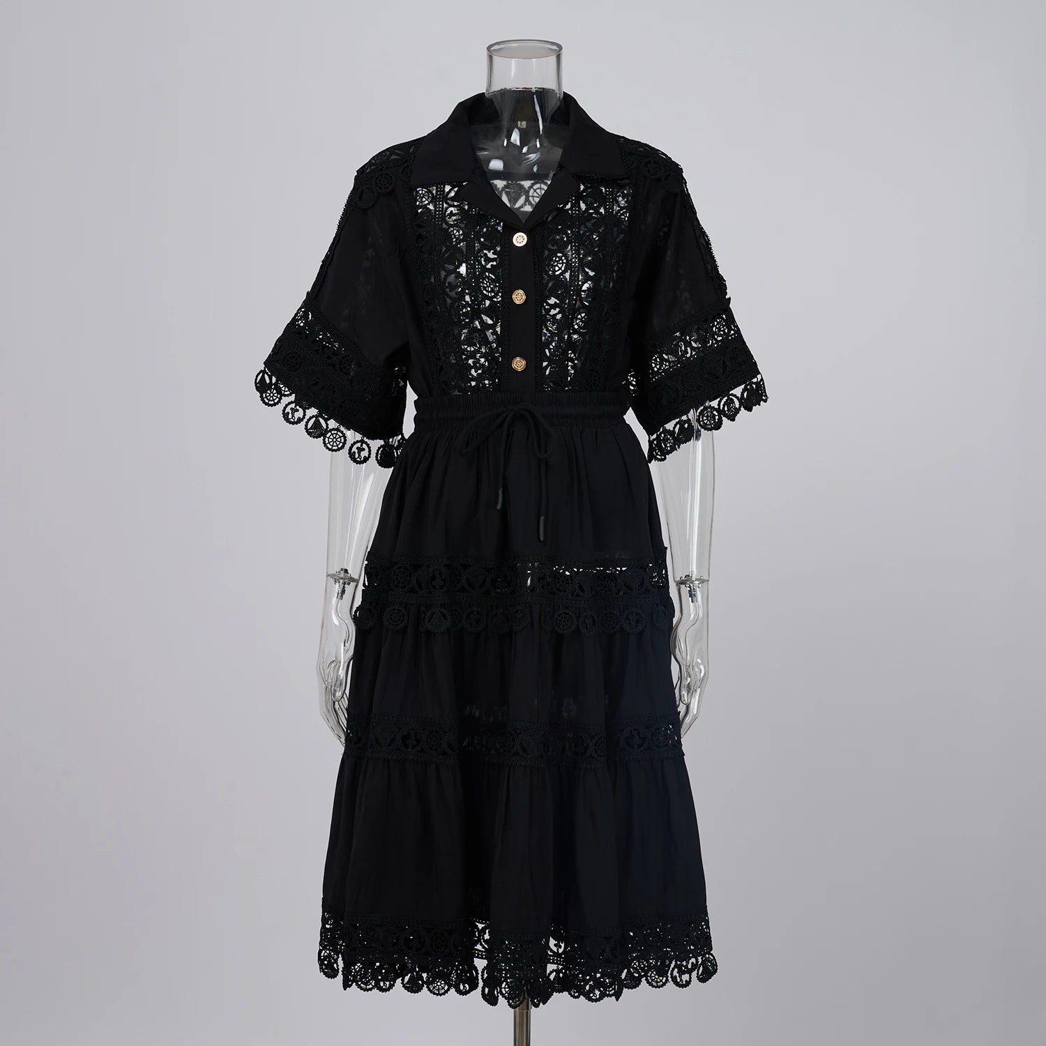 Embroidery 2 Pieces Set Women Hollow Out Loose Shirt Tops + Elastic Waist Midi Skirts Suit Summer Vacation Lace Ladies Outfit black