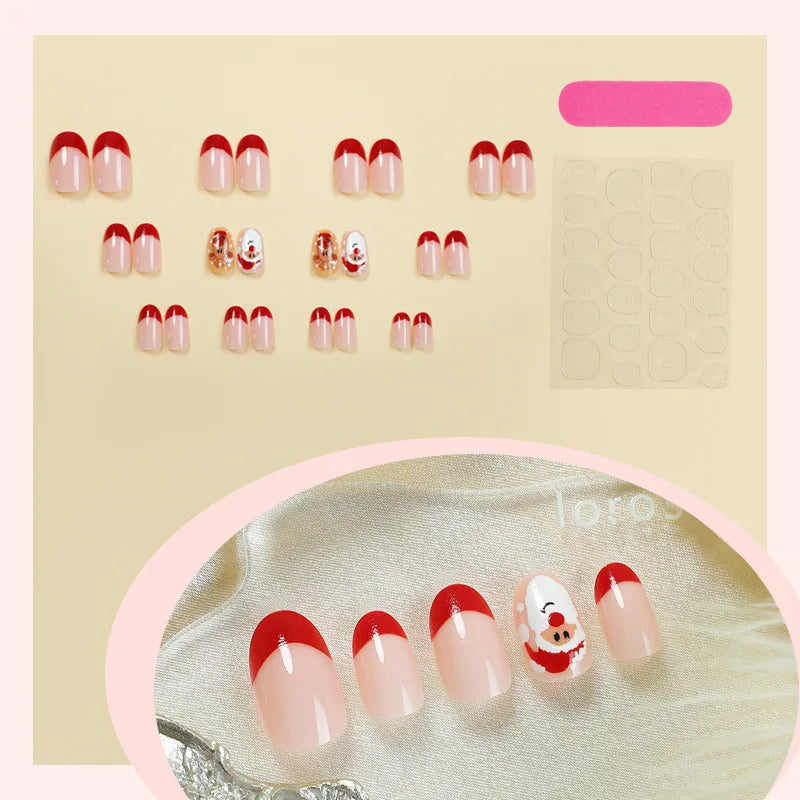 Cartoon Santas/Snowman Christmas Fake Nails 24Pcs Short Square Nude Pink Press On Nails Love Printed New Year Party Nails Art