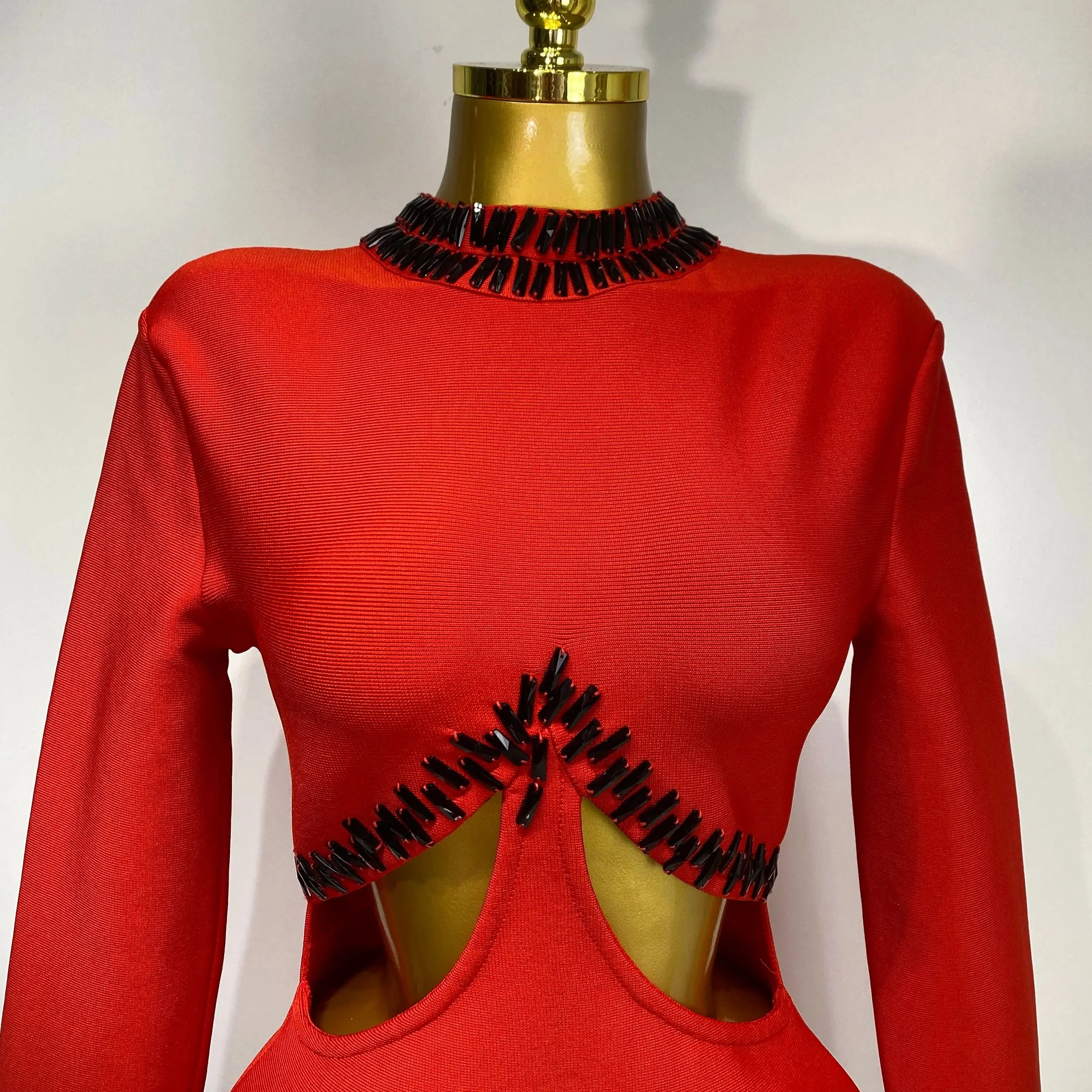 Women Sexy Cut Out Long Sleeve Beading Feather Red Mini Bandage Dress Celebrity Elegant Evening Party Luxury Birthday Dresses