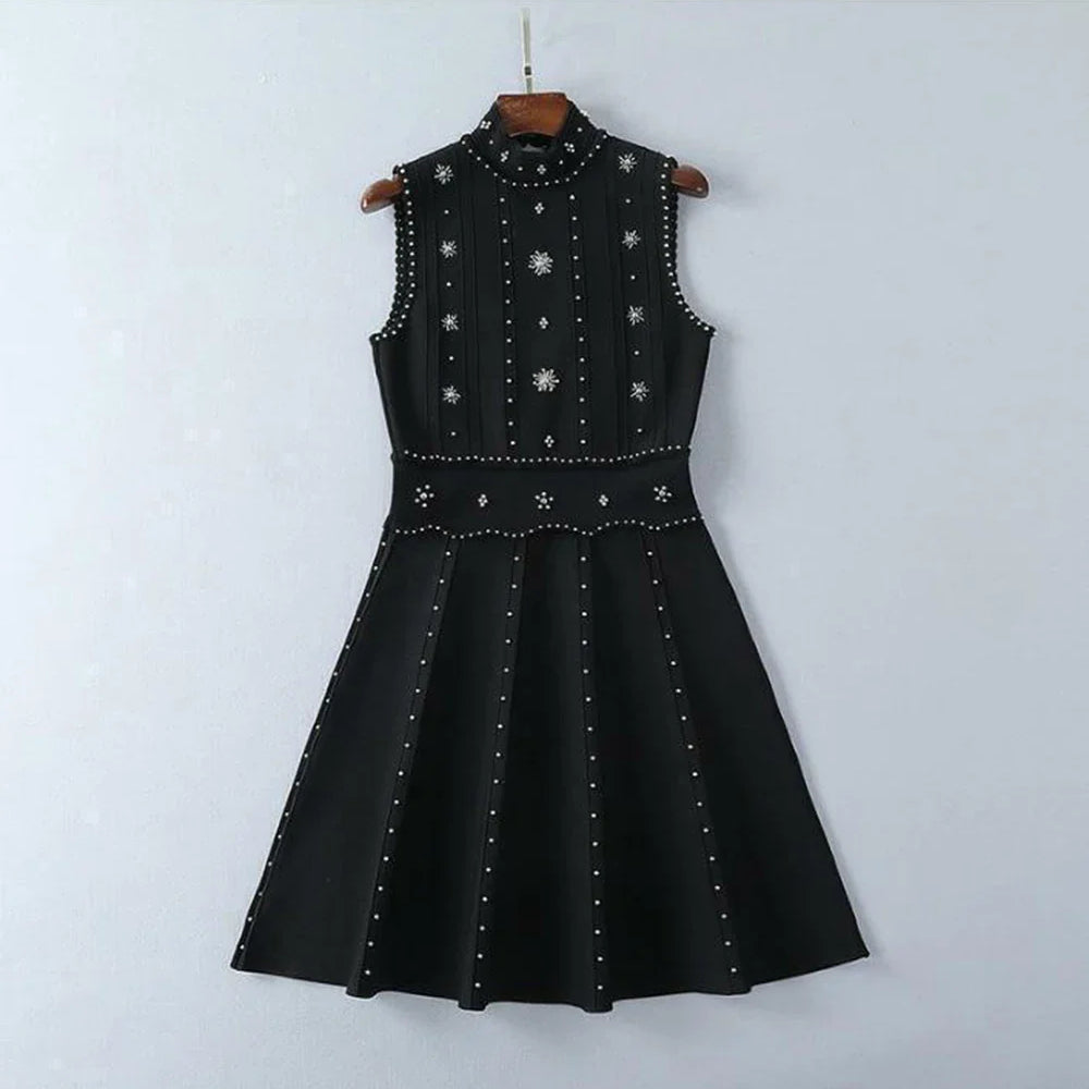 Ailigou New Summer Women's A-line Black Sleeveless Beaded Sexy Elastic Knitted Mini Dress Elegant Celebrity Party Dress black