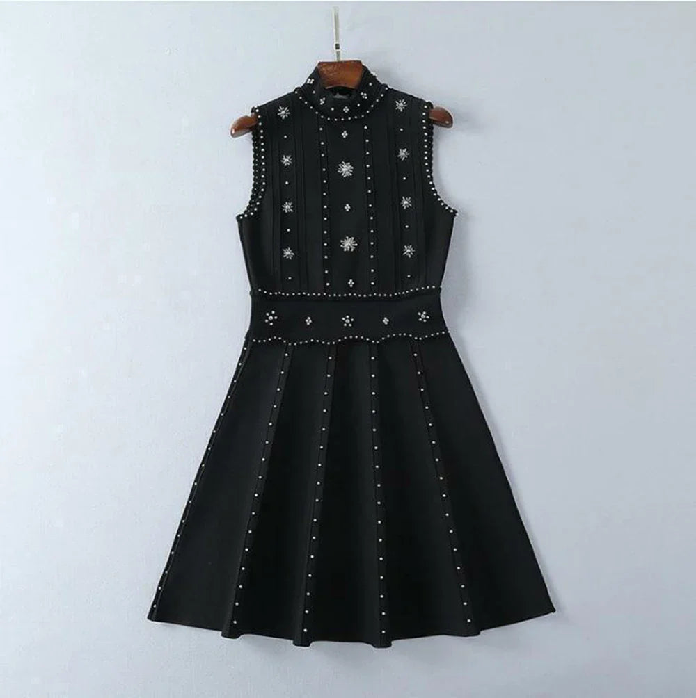 Ailigou New Summer Women's A-line Black Sleeveless Beaded Sexy Elastic Knitted Mini Dress Elegant Celebrity Party Dress black
