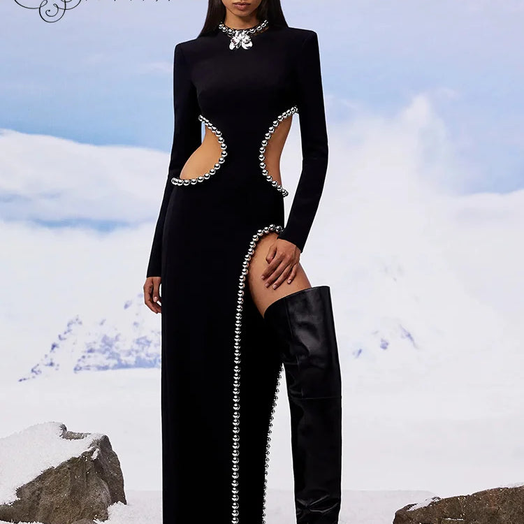 VC 2022 Winter Black Dress Women Sexy Hollow Out High Slit Fashion Party Wear Bandage Dress With Long Sleeve