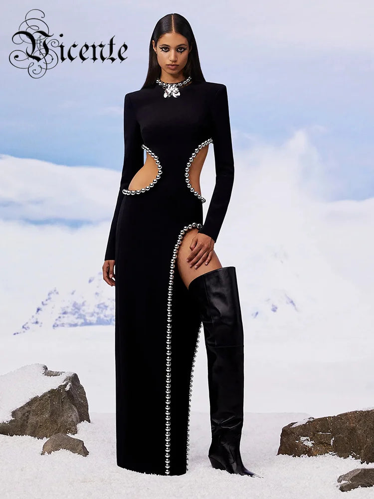 2022 Winter Black Dress Women Sexy Hollow Out High Slit Fashion Party Wear Bandage Dress With Long Sleeve