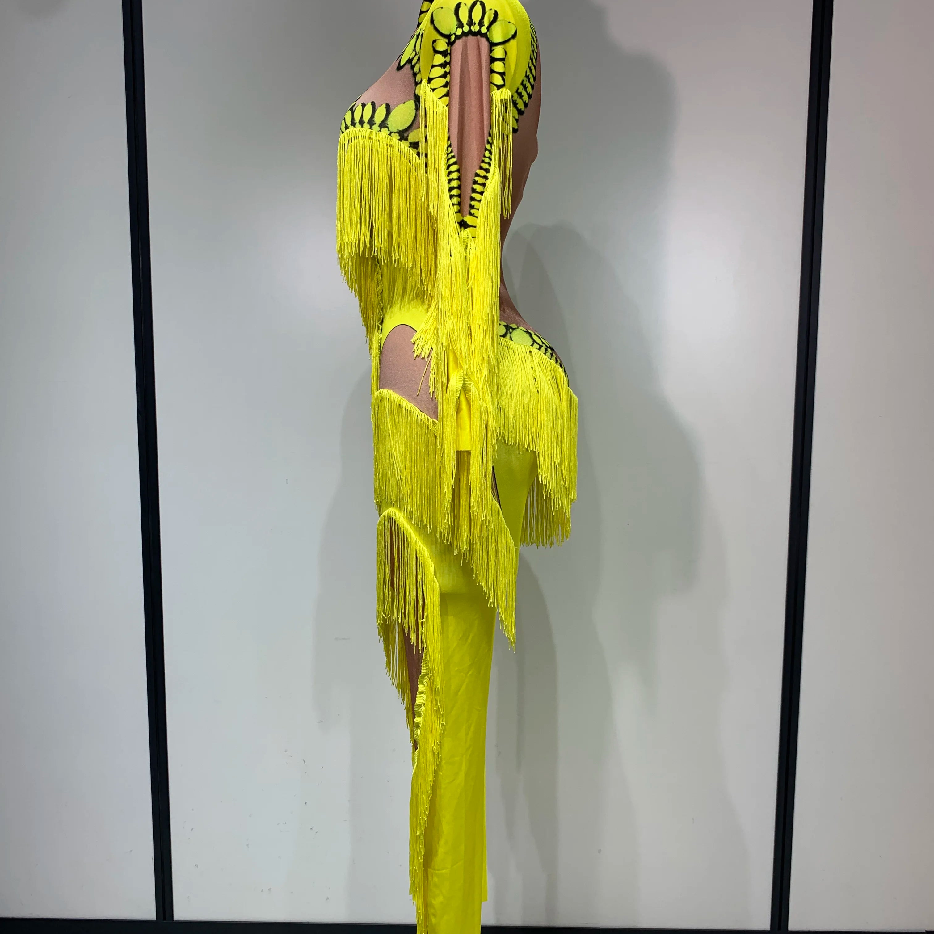 Yellow Tassel Stretch Bodycon Jumpsuit Nightclub Gogo Dance Clothing Dj Rave Outfit Nightclub Party Singer Performance Outfit