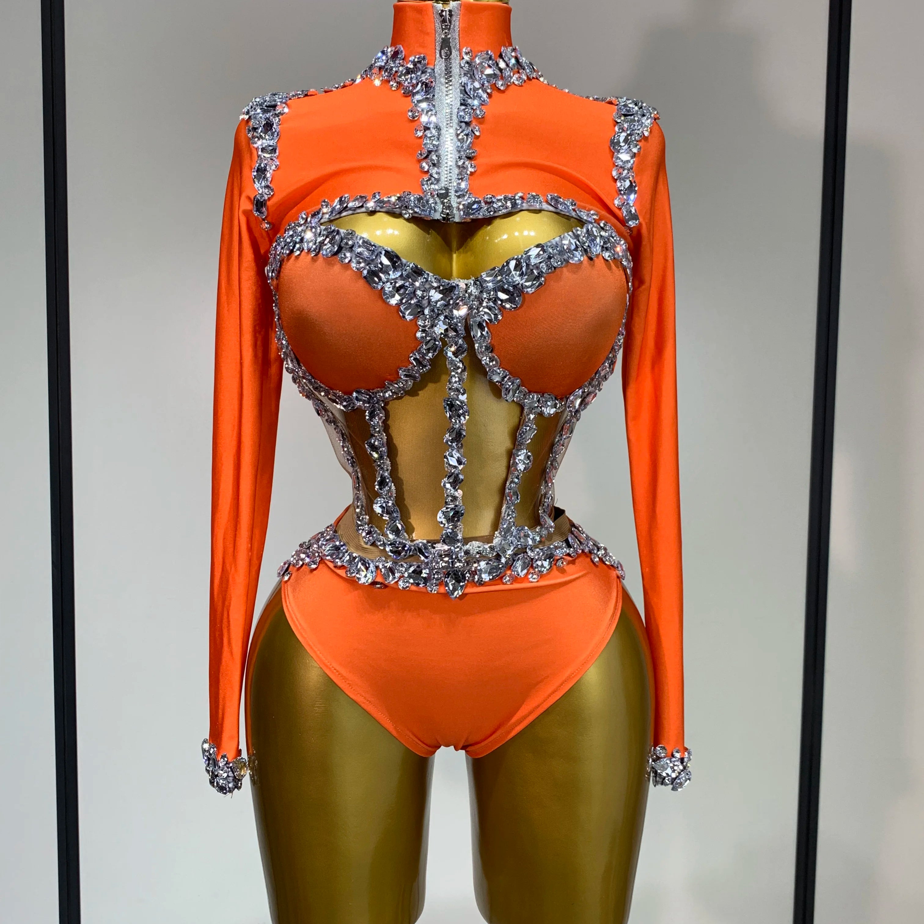 Sparkly Diamonds Three Pieces Set Stage Performance Women Designer Nightclub Birthday Party Singer Stage Activity Outfit Orange