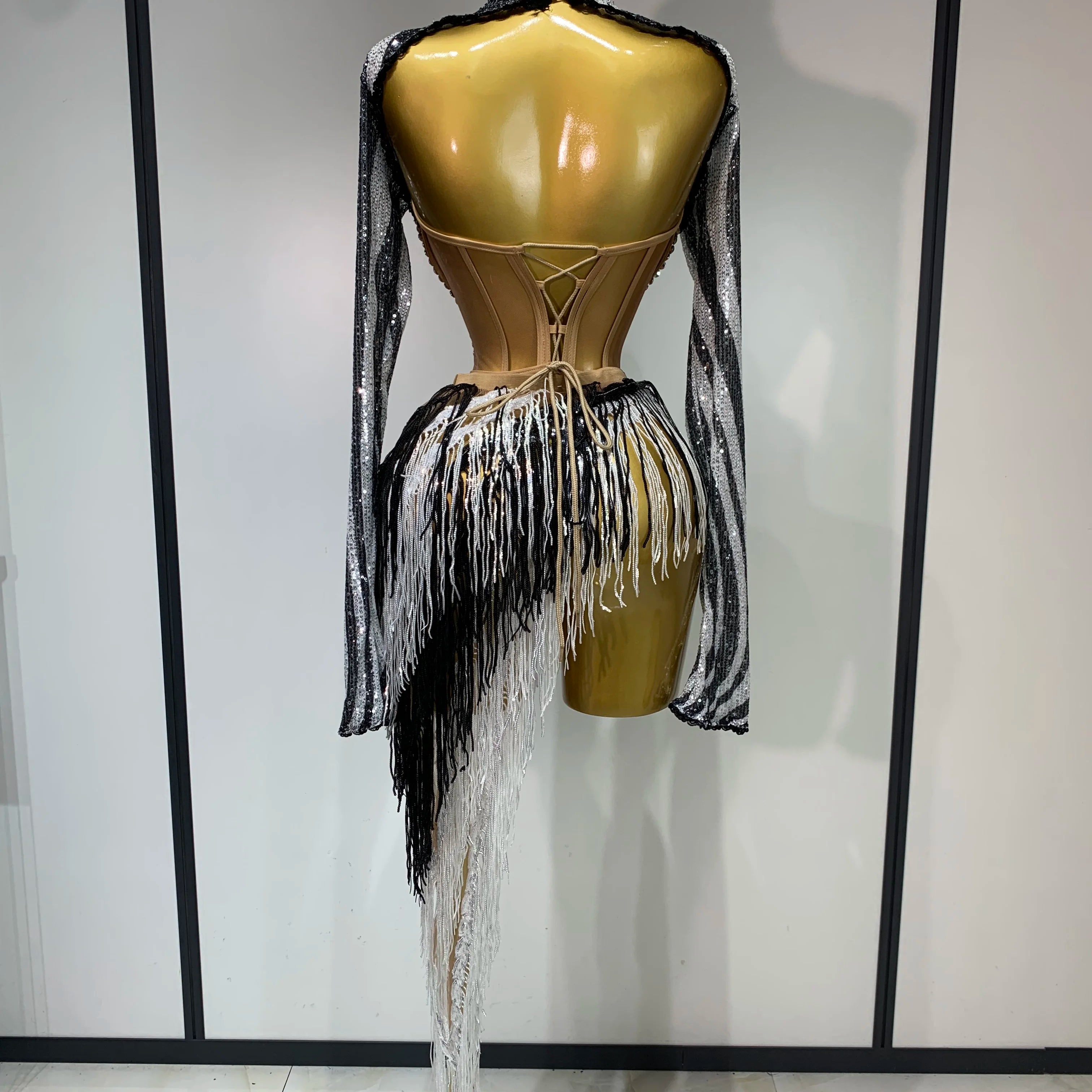 Sparkly Diamond Sequin Tassels Sexy Mesh Long Sleeved Two Piece Set Women Sexy Evening paty Birthday Nightclub Stage Costume