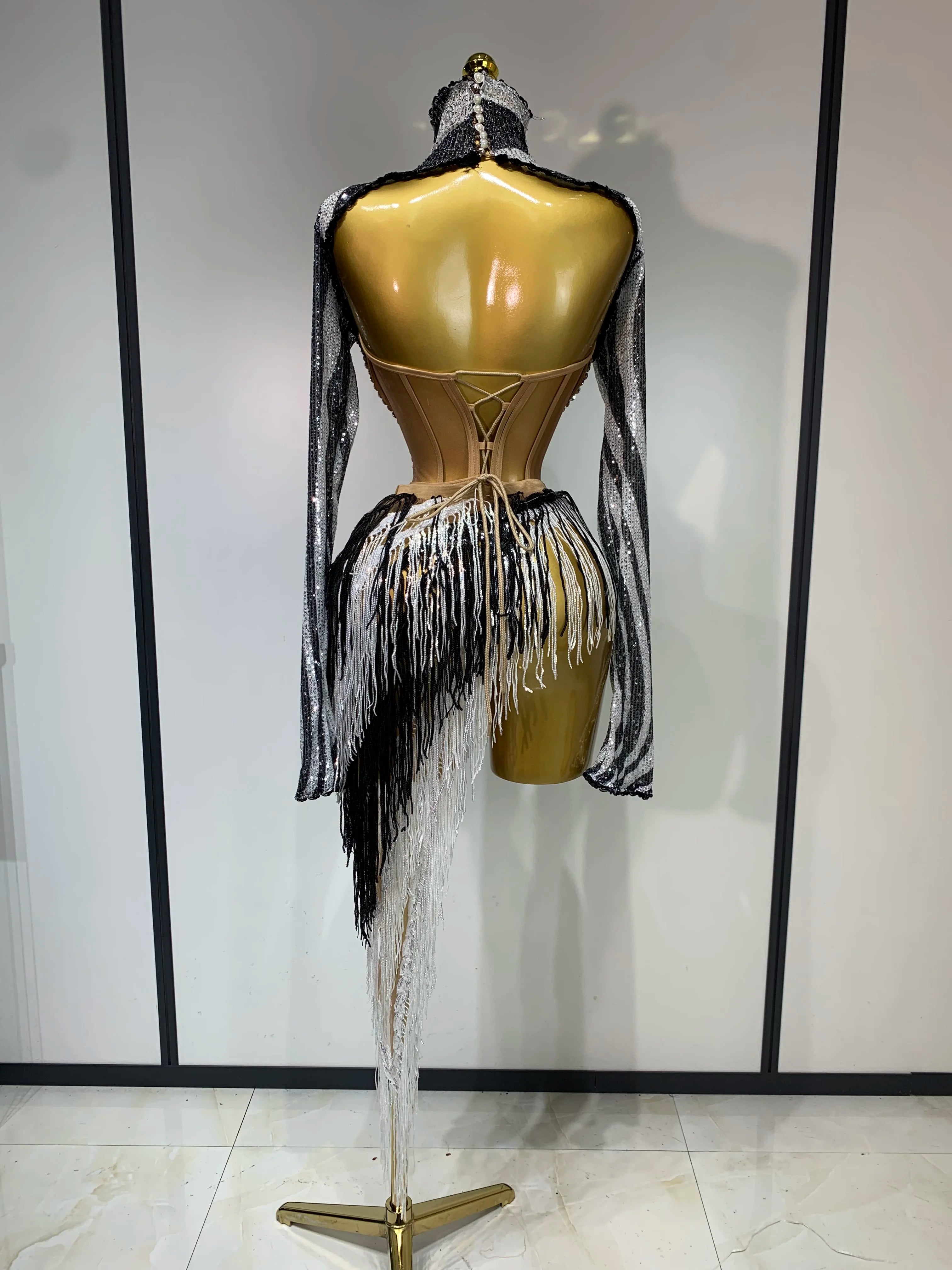 Sparkly Diamond Sequin Tassels Sexy Mesh Long Sleeved Two Piece Set Women Sexy Evening paty Birthday Nightclub Stage Costume