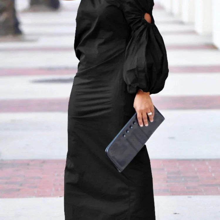 Women Cutout One Long Sleeve Ruched Side Split Maxi Bodycon Midi Dress 2023 Winter Vintage Sexy Party Dresses Vestidos Black