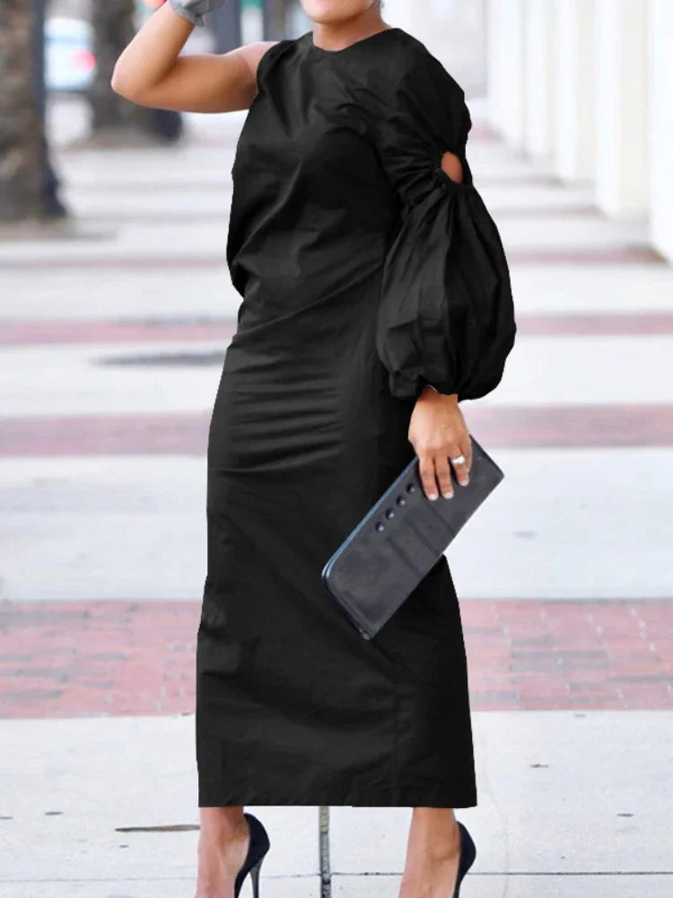 Women Cutout One Long Sleeve Ruched Side Split Maxi Bodycon Midi Dress 2023 Winter Vintage Sexy Party Dresses Vestidos Black