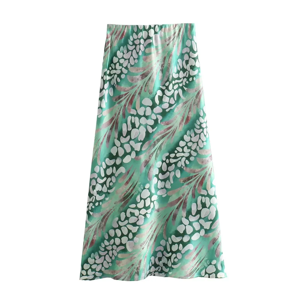 Taop&Za Women's Elegant Silk Texture Printed Long sleeved Shirt/High Waist Printed Half skirt Long skirt green skirt