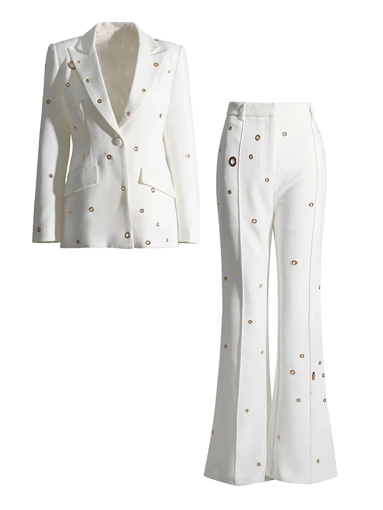 Soild Minimalist Sets For Women Turn Down Collar Long Sleeve Patchwork Button Pockets Set Female Fashion Clothing White