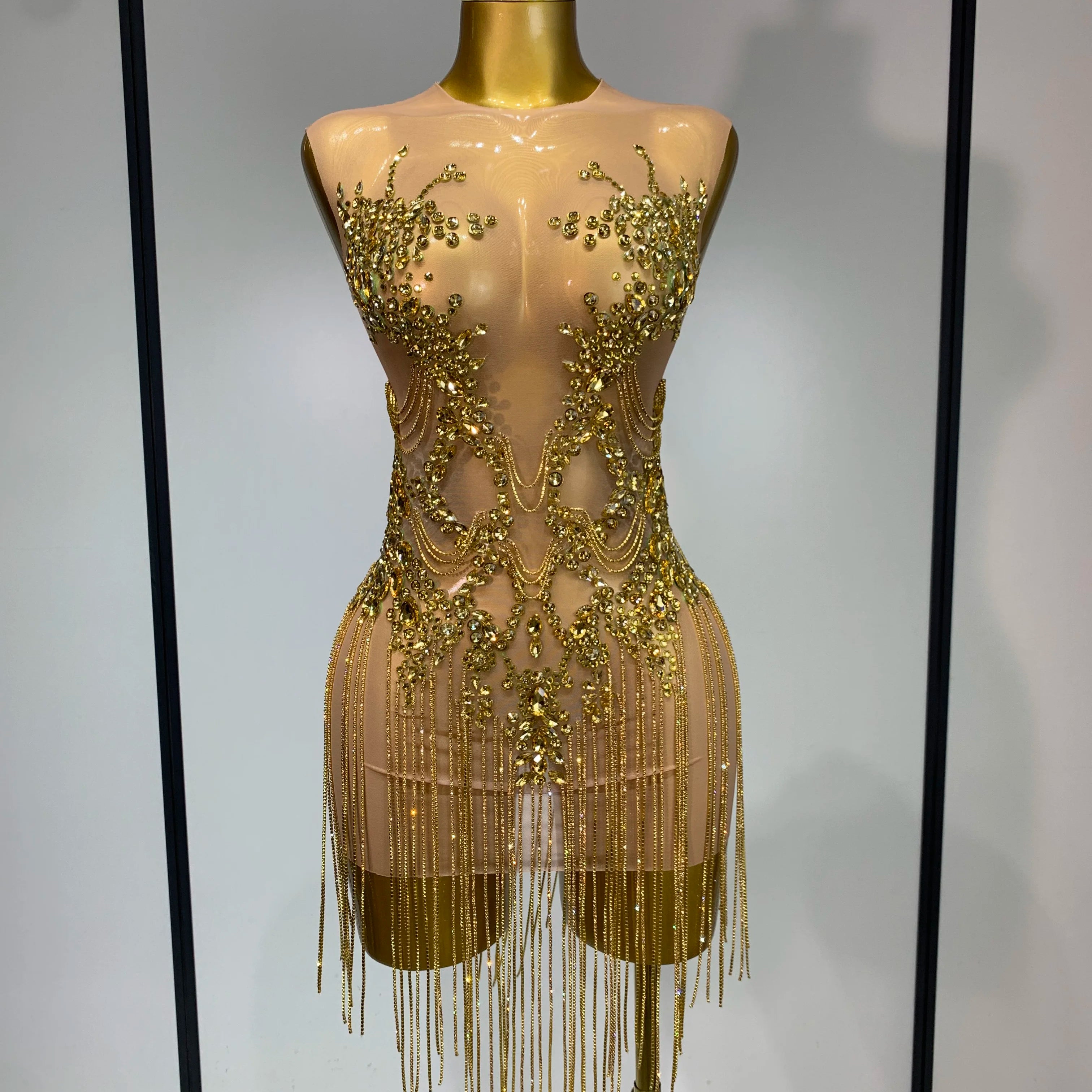 Luxury Rhinestones Chain Sleeveless Mini Dress Celebrity Elegant Sexy Performance Dance Nightclub Outfit Birthday Party Dress Gold