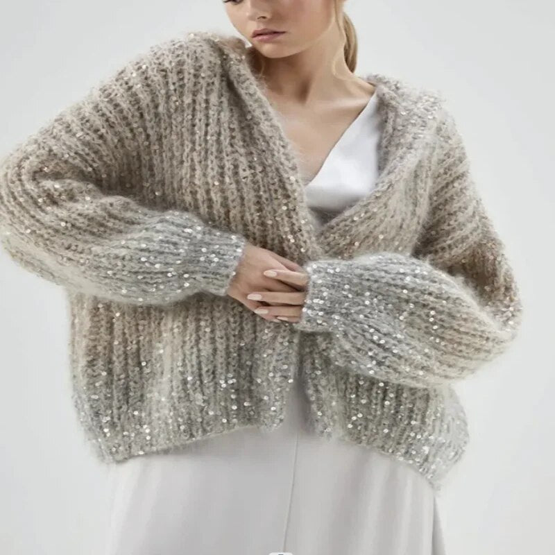 Sequin Knitted Women's Sweater Autumn Bishop Sleeve Zippers Loose Casual Sweaters Female 2024 Lady Stand Collar Outerwear gray