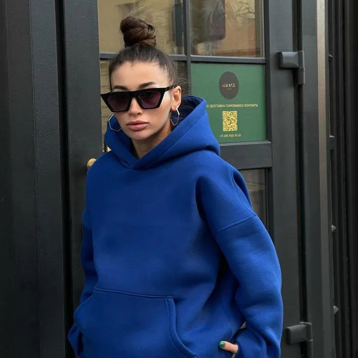 Fashion Women's Sports Two-Piece Autumn Hooded Long-Sleeved And Baggy Pants Fitness Set Solid Color Lady 2-Piece Suit Outfits Blue