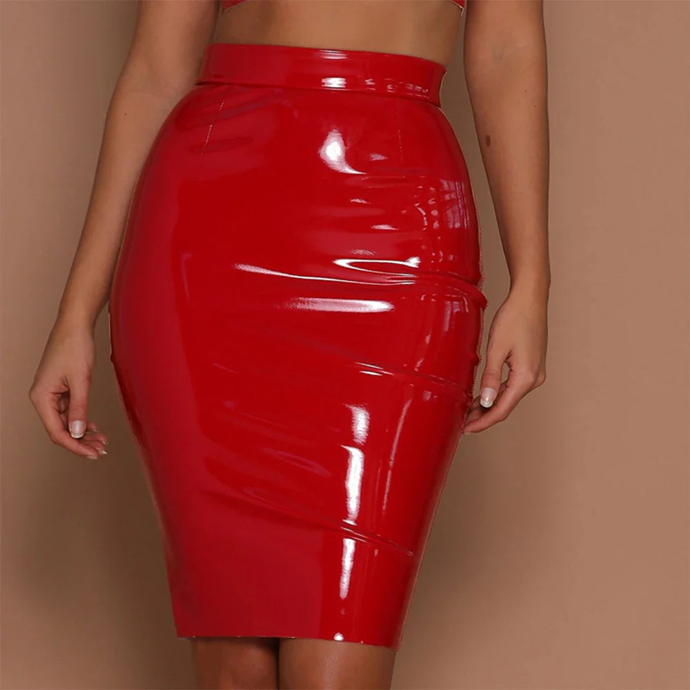 Women PU Leather High Waist Wet Look Bodycon Pencil Midi Skirts Dress Club Party Sexy Lady Outfits Bodycon Wrap Skirt Short Red