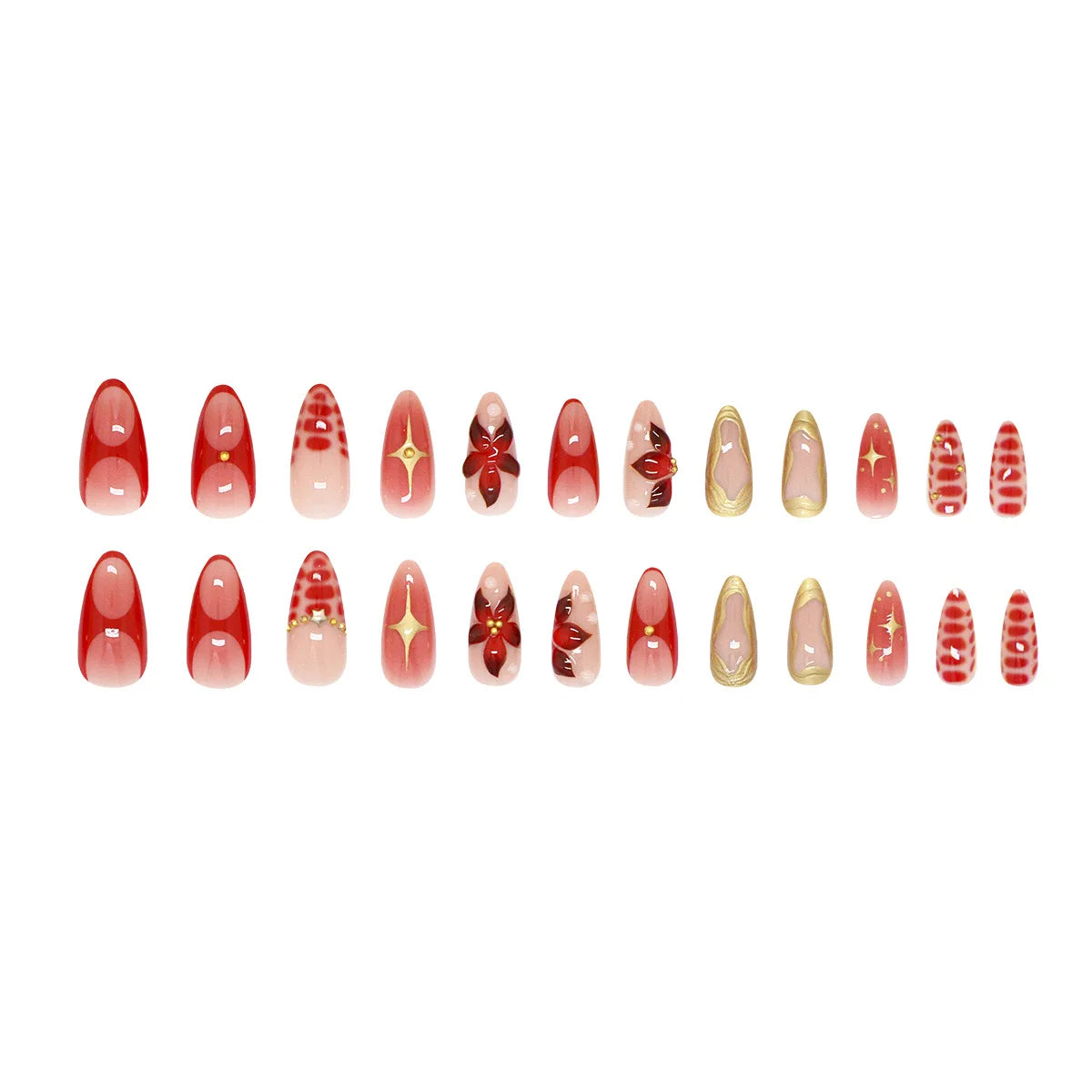 24pcs Sweet Cool Press on Nails with Red Flower Print Y2k False Nails for Girl Wearable Detachable French Almond Fake Nail Tips