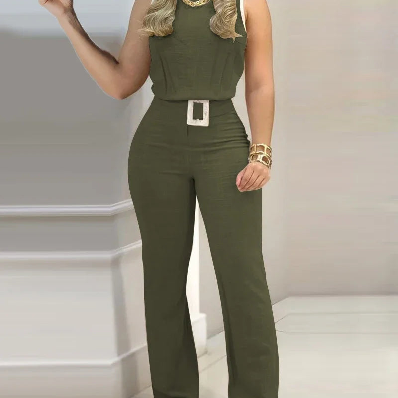 Women Fashion Sleeveless Plain Crop Top Sexy High Waist Skinny Bodycon Long Trousers Two Pieces Suit Flare Pants Set With Belt green