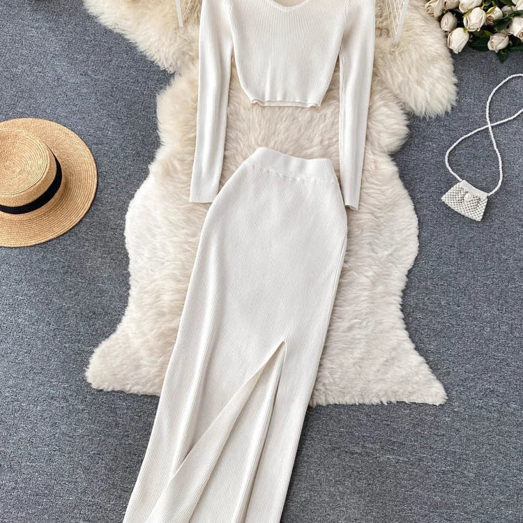SINGREINY Autumn Sweater Two Pieces Suits Long Sleeves Knit Top+ Elatic Waist Slim Split Long Skirt Sets Women Warm Knitted Suit white One Size