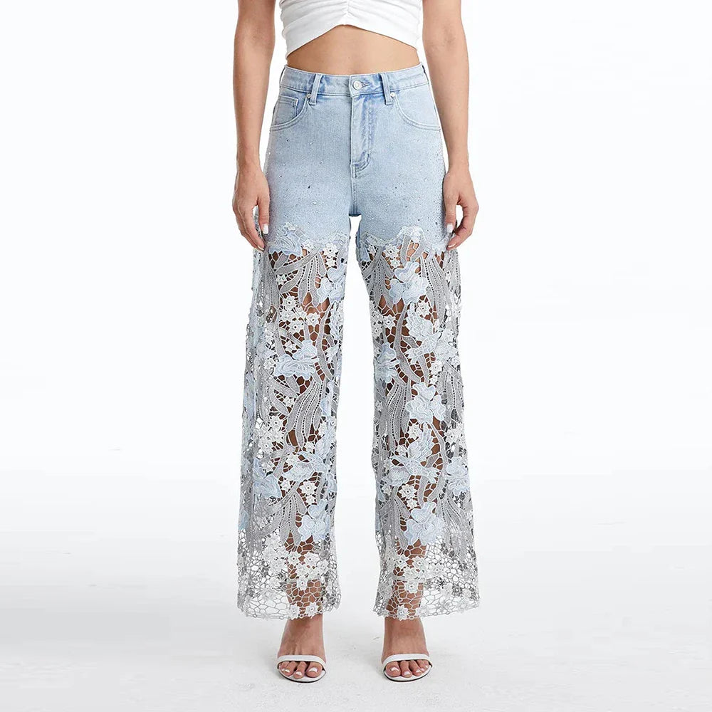 Solid Loose Spliced Hollow Out Fashion Jeans for Women High Waist Patchwork Applique Wide Leg Pants Female Clothing BLUE