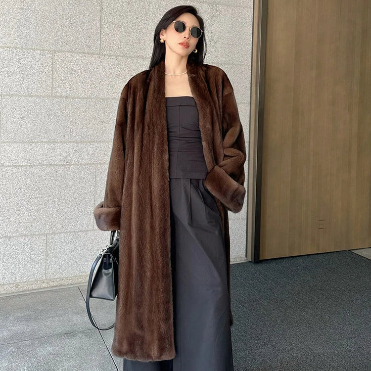 Lautaro Autumn Winter Long Luxury Elegant Chic Soft Thick Warm Brown Hairy Faux Mink Fur Coat Women V Neck Fluffy Overcoat 2024