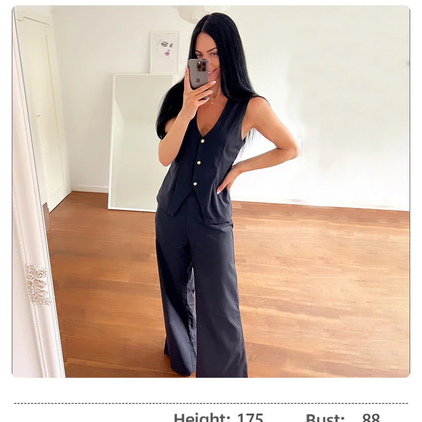 Mnealways18 Ladies Office 2 Pieces Womens Suits Vest Top And Wide Leg Pants Outfits Cotton Linen Summer Fashion Green Sets