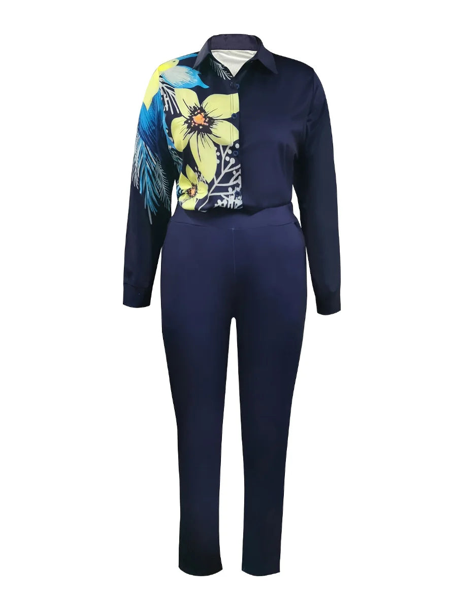 LW Plus Size Women Spring Summer Office Lady Elegant Long Sleeve Turndown Collar Shirt Floral Print Regular Fit Pants Set