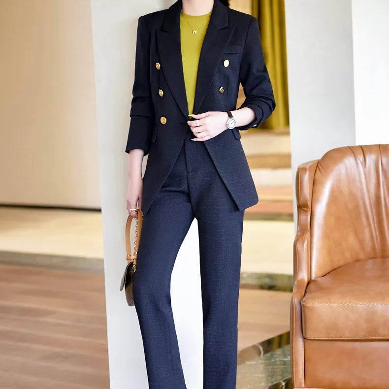 Autumn Winter Formal Ladies Fashion Blazer Women Business Suits with Sets Work Wear Office Casual Pants Jacket Suit Blue blazer pants
