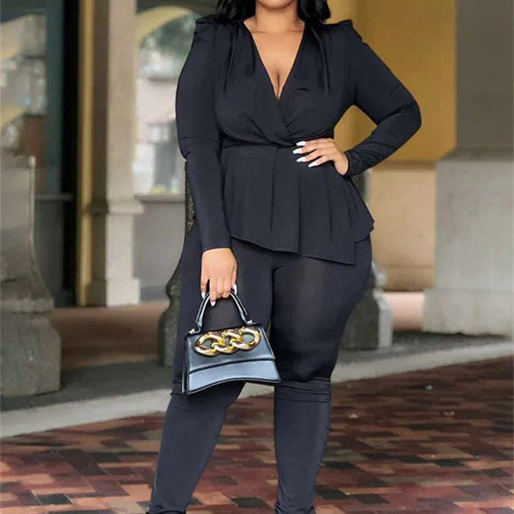 Wmstar Plus Size Two Piece Set Women Clothing Pants Sets Top Leggings Matching Office Lady Fall Clothes Wholesale Dropshipping black