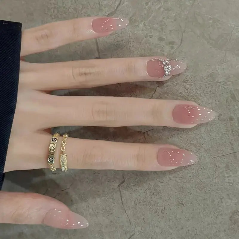 24pcs Nude Pink Glossy Fake Nails with Diamond Nail Tips Art Gradient Glitter Short Almond Oval Fashion Simple Acrylic Nails Set