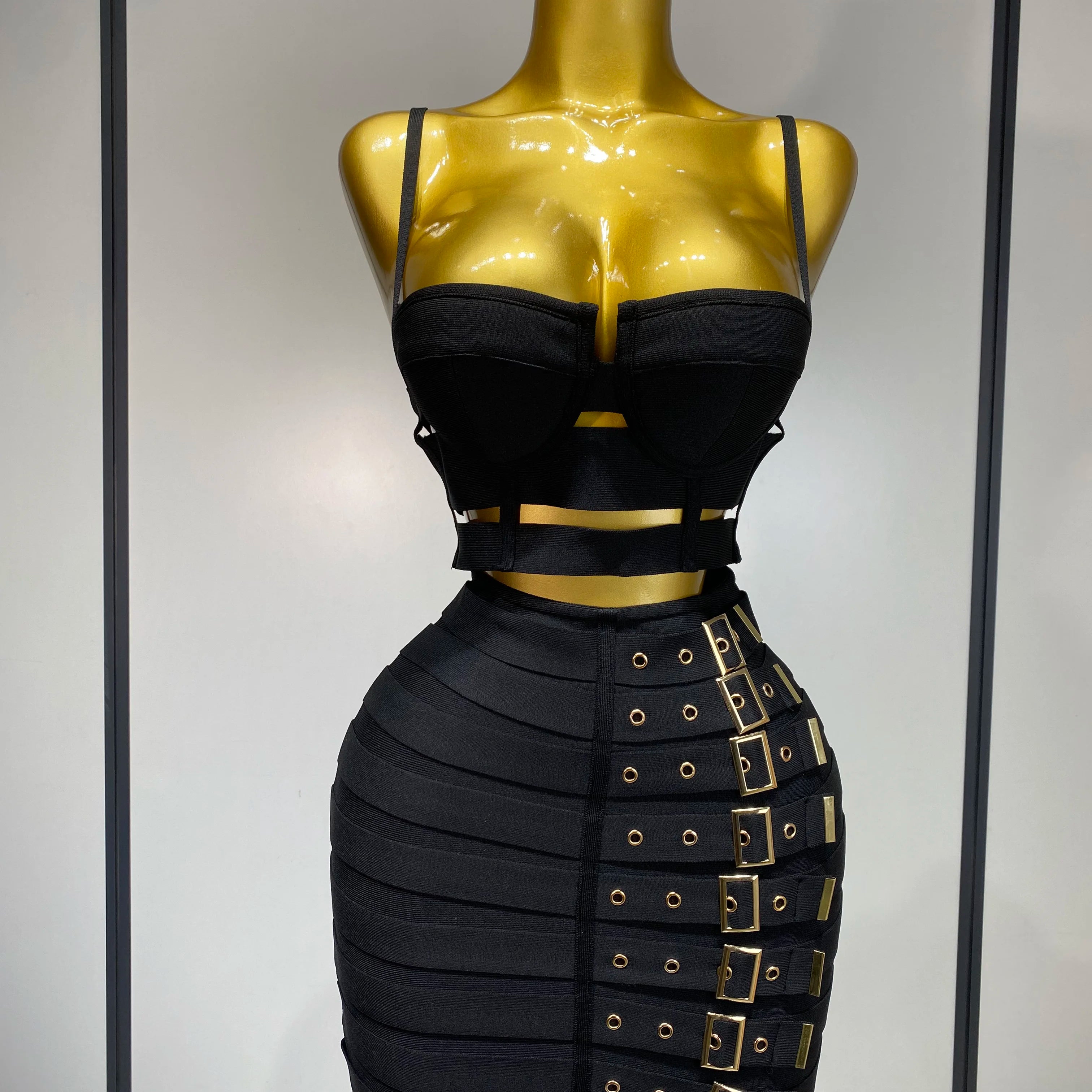 Women Sexy Black Cut Out Bodycon Bandage Skirt Two Piece Set 2025 Celebrity High Streeet Evening Birthday Club Party Outfits black