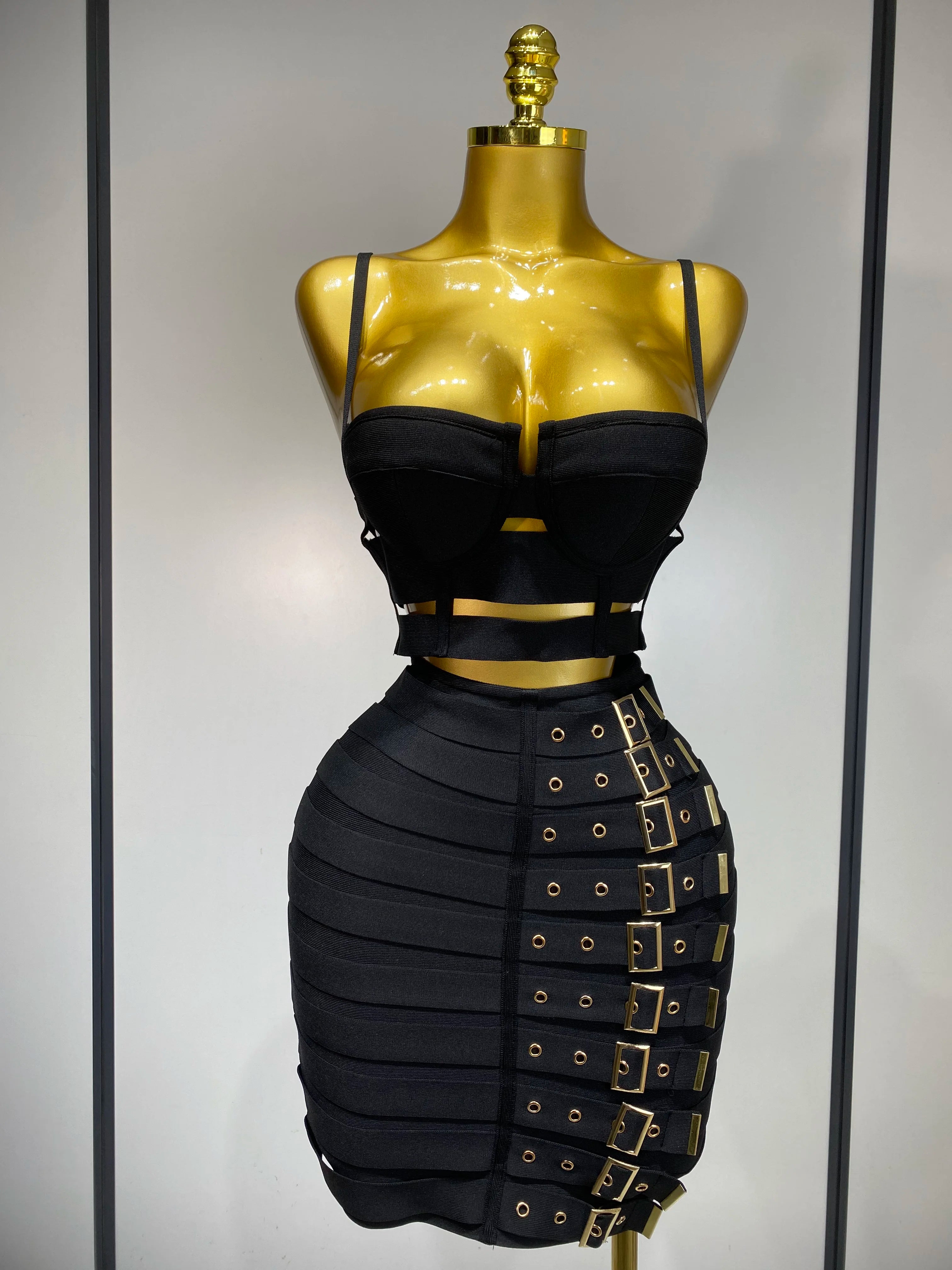 Women Sexy Black Cut Out Bodycon Bandage Skirt Two Piece Set 2025 Celebrity High Streeet Evening Birthday Club Party Outfits black