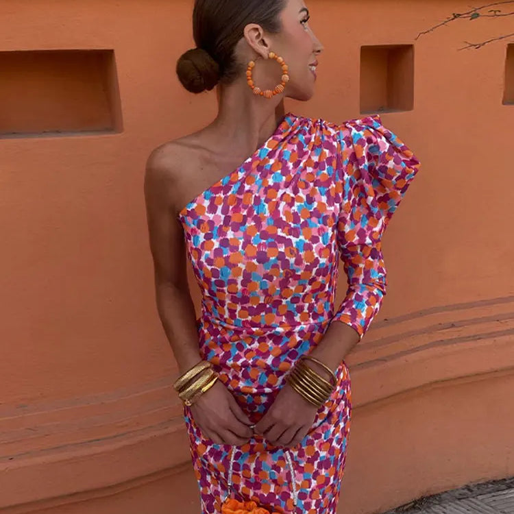Women's Diagonal Shoulder Printed Maxi Dresses Fashion Asymmetric Long Puff Sleeve Dress New Lady Party Club Vestidos
