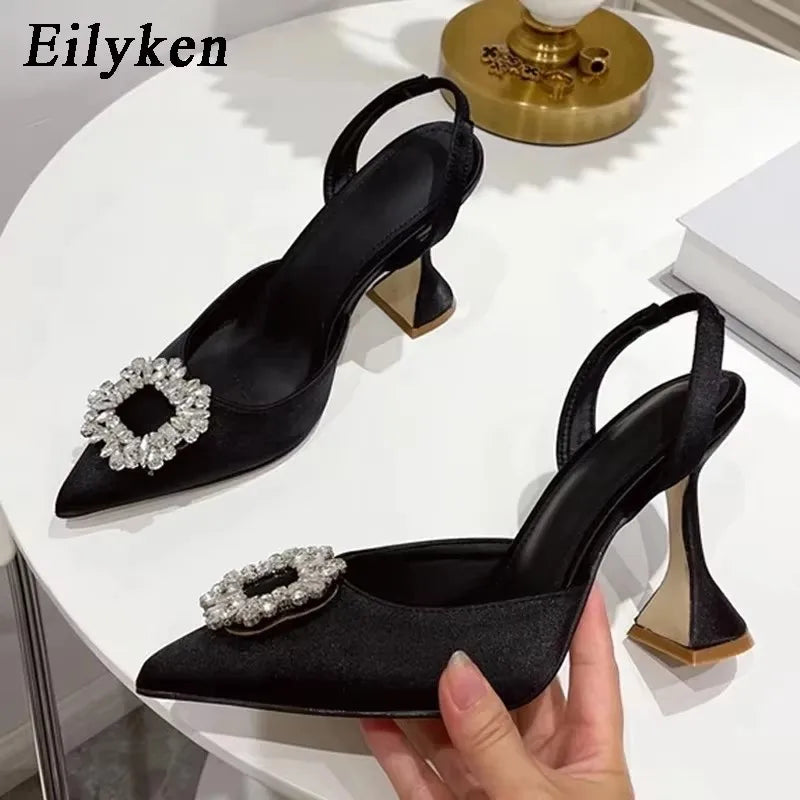 Eilyken Autumn Design Silk Women Pumps Crystal Strange Style High Heels Comfortable Party Wedding Bride Shoes Black 1