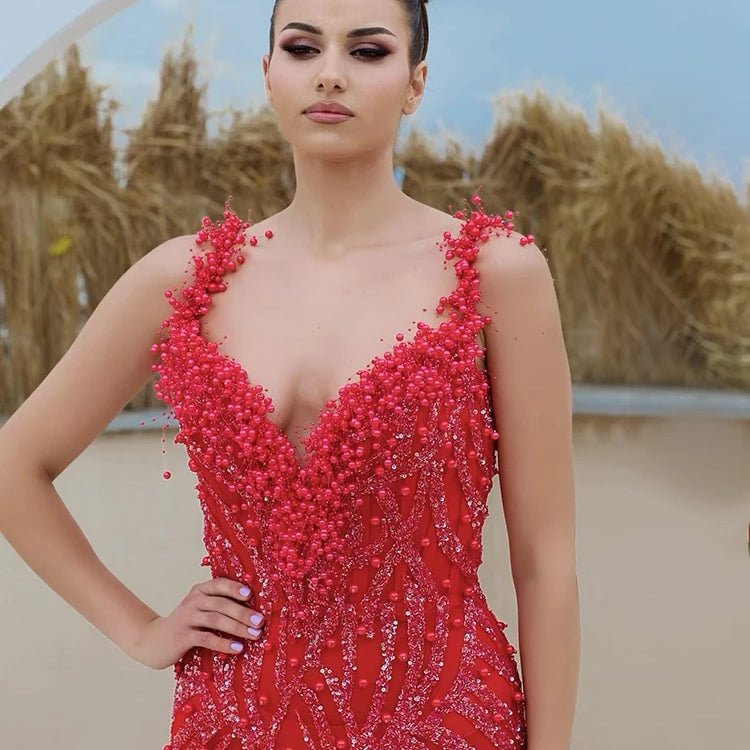 Bright Red Mermaid Long Dress Spaghetti Straps V Neck Pearls Embellished Prom Celebrity Party Evening Gowns Vestidos