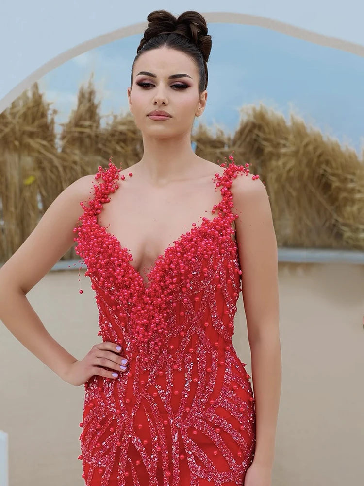 Bright Red Mermaid Long Dress Spaghetti Straps V Neck Pearls Embellished Prom Celebrity Party Evening Gowns Vestidos