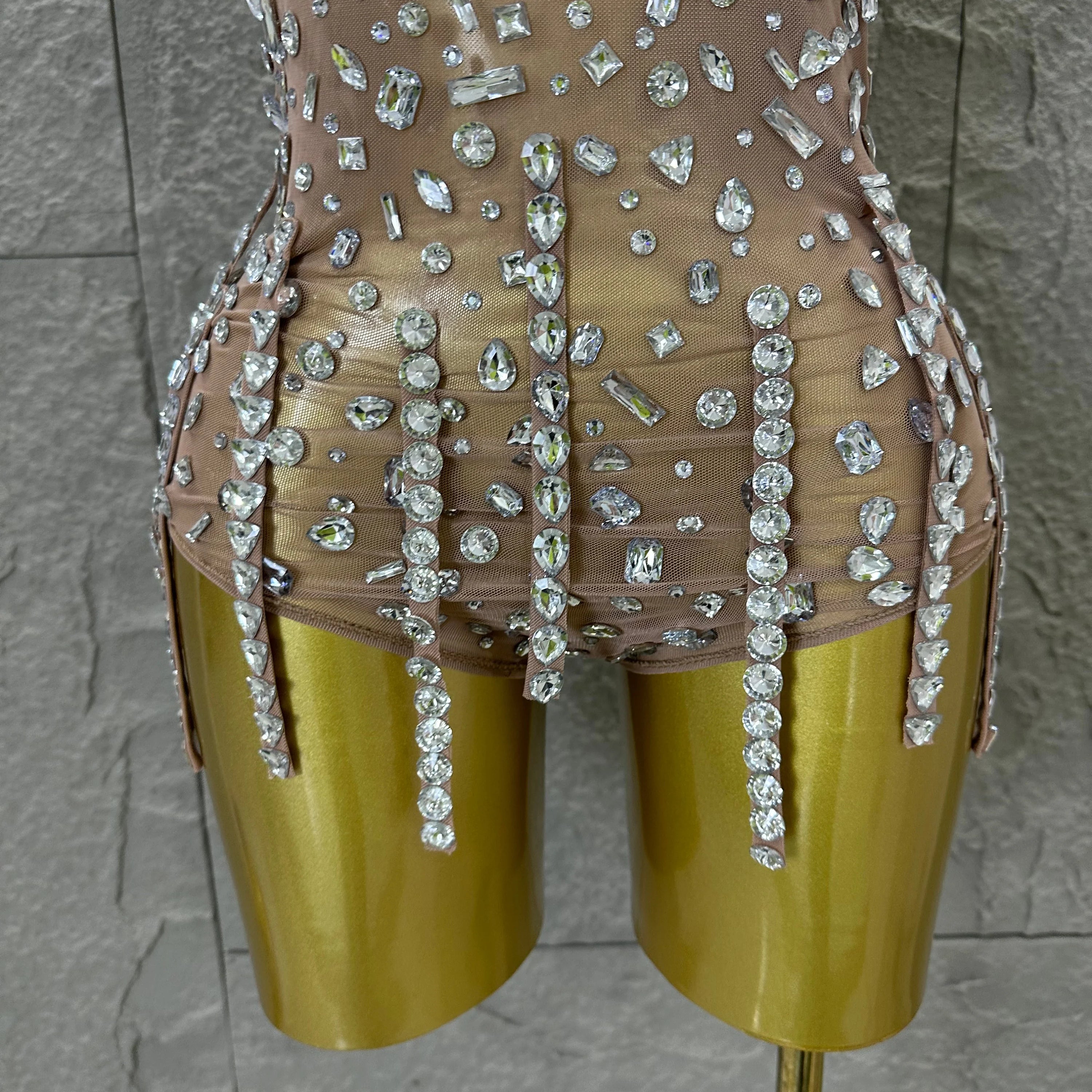 Pink Nude Sleeveless Bodysuit Women Sheer Mesh Crystal Rhinestone Embellished Formal Event Performance Costume