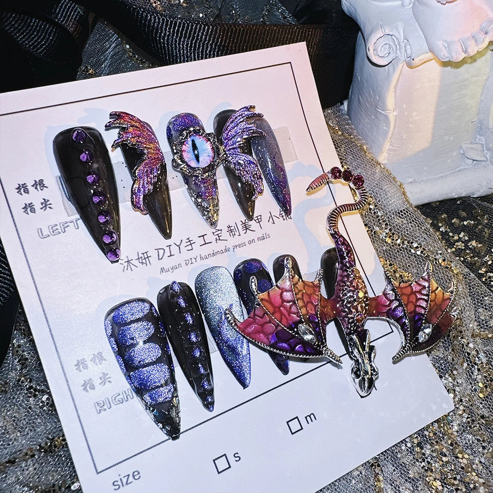 Handmade Press on Nails Heavy Industry Pure Hand-painted Purple Emperor Dragon Exaggerated Super Cool Spicy girl European Americ