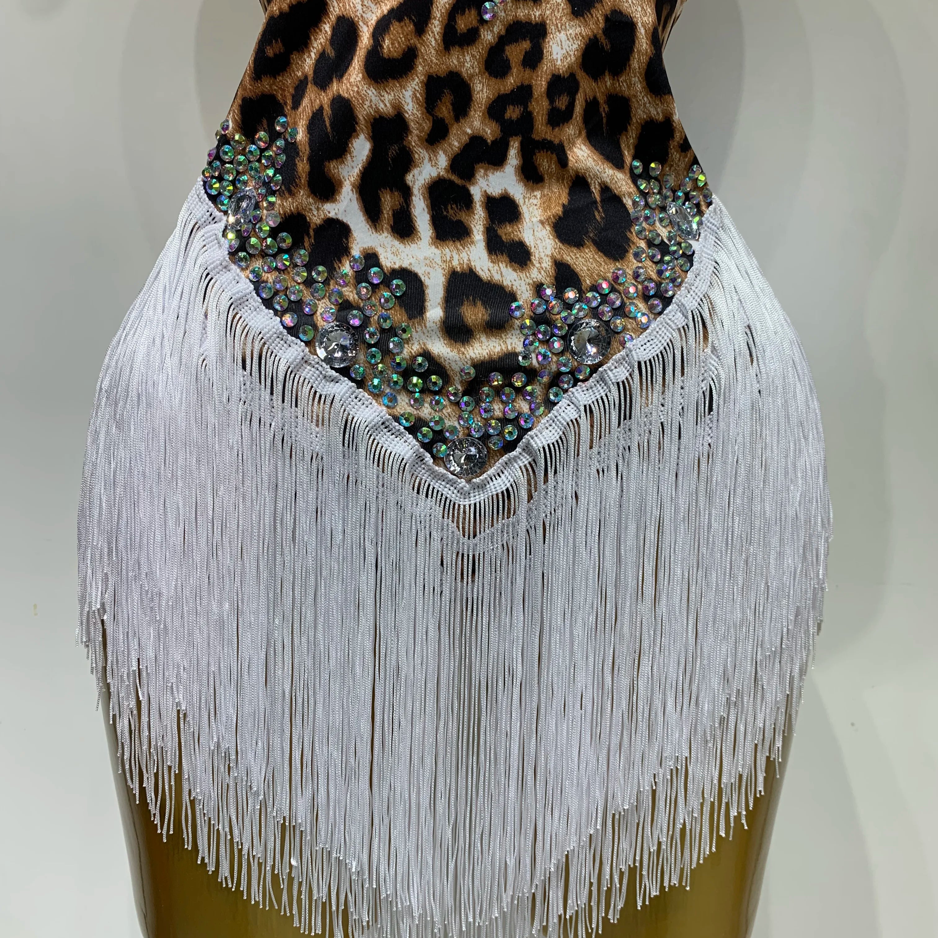 Sexy Backless Sparkly Rhinestones Tassel Leopard Print Bodysuit Performance Dance Costume Singer Dancer Stage Wear Club Outfit