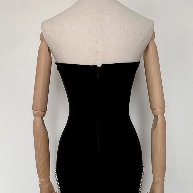Sexy Strapless Balck Mini Dress Women Chic Rivet Design Bodycon Bandage Night Club Party Dress