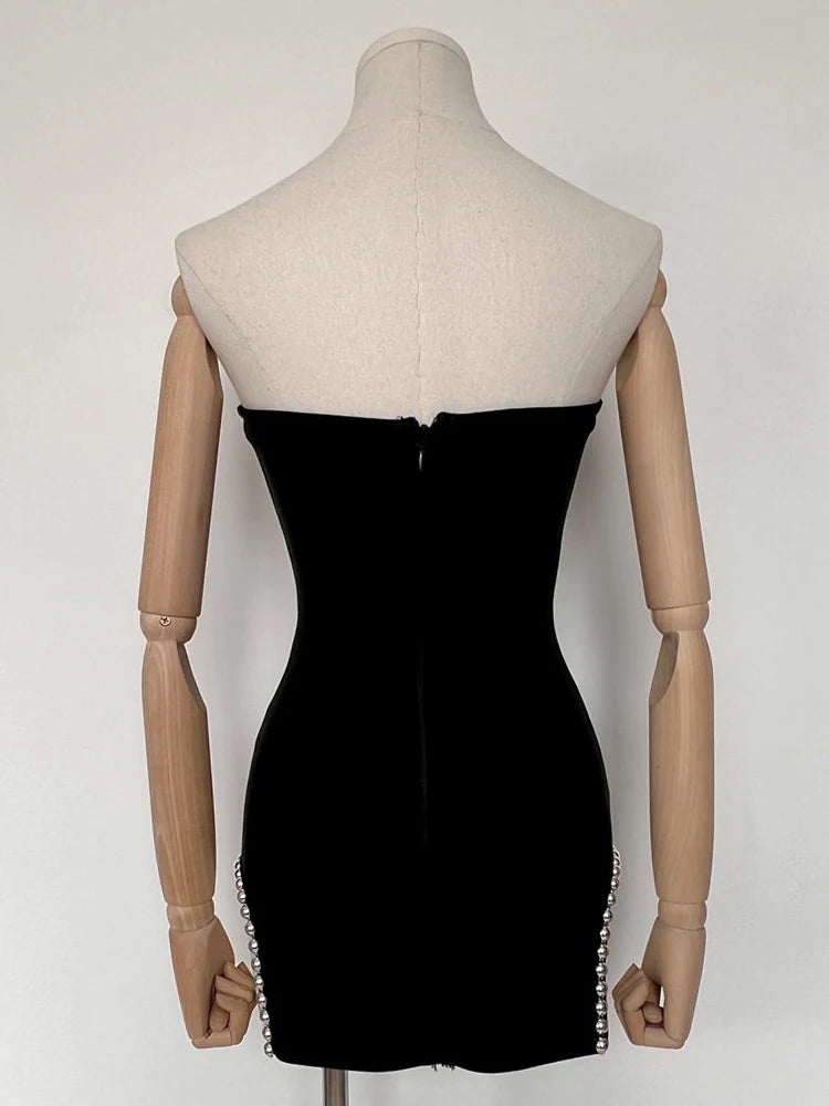 Sexy Strapless Balck Mini Dress Women Chic Rivet Design Bodycon Bandage Night Club Party Dress