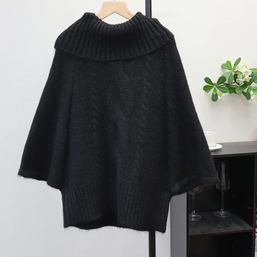 Autumn Winter New Off-Shoulder Design Thickened Cable Knit Cape Sweater Lazy Style Pullover For Women 11A07620 Black One Size
