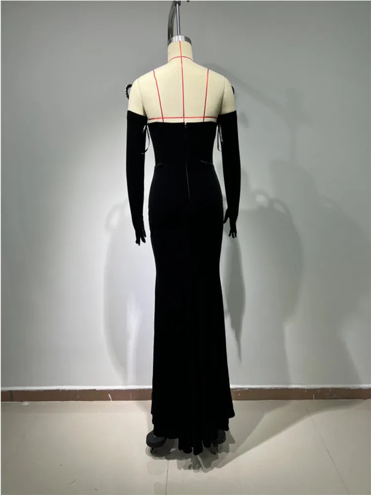 2024 Women Long Sleeve With Gloves Off the Shoulder Floor-Length Dress Elegant Evening Party Prom Dress Vestido