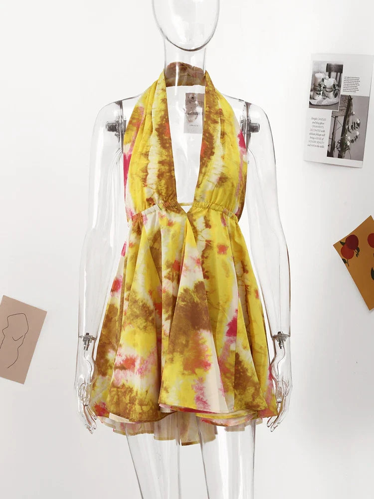 Floral Printed Beach Dress Women Mini Sexy Deep V-neck Backless Halter Female Dresses Summer Vacation Sleeveless Short Robe