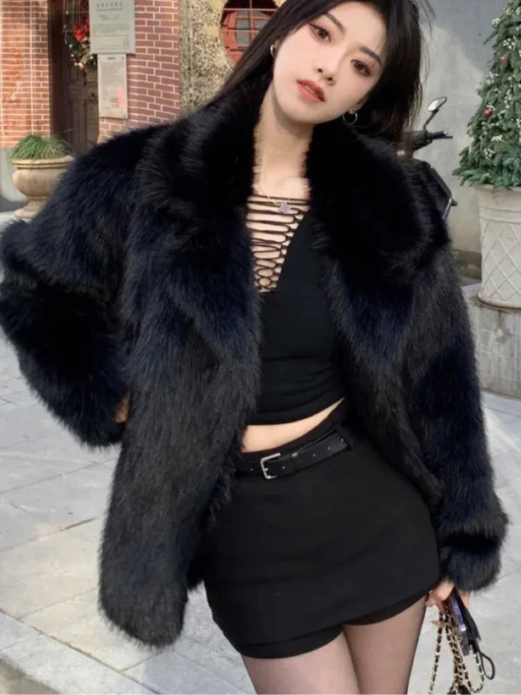 Lautaro Winter Loose Casual Thick Warm Soft Hairy Faux Fur Coat Women Luxury Furry Fluffy Jacket Korean Fashion Black
