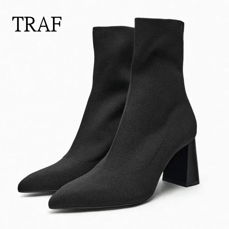 TRAF 2023 Black Boots Women Elast Ankle Boots Woman Autumn Short Boots Woman Heeled Shoes Knit Sexy Pointed Toe High Heels Shoe