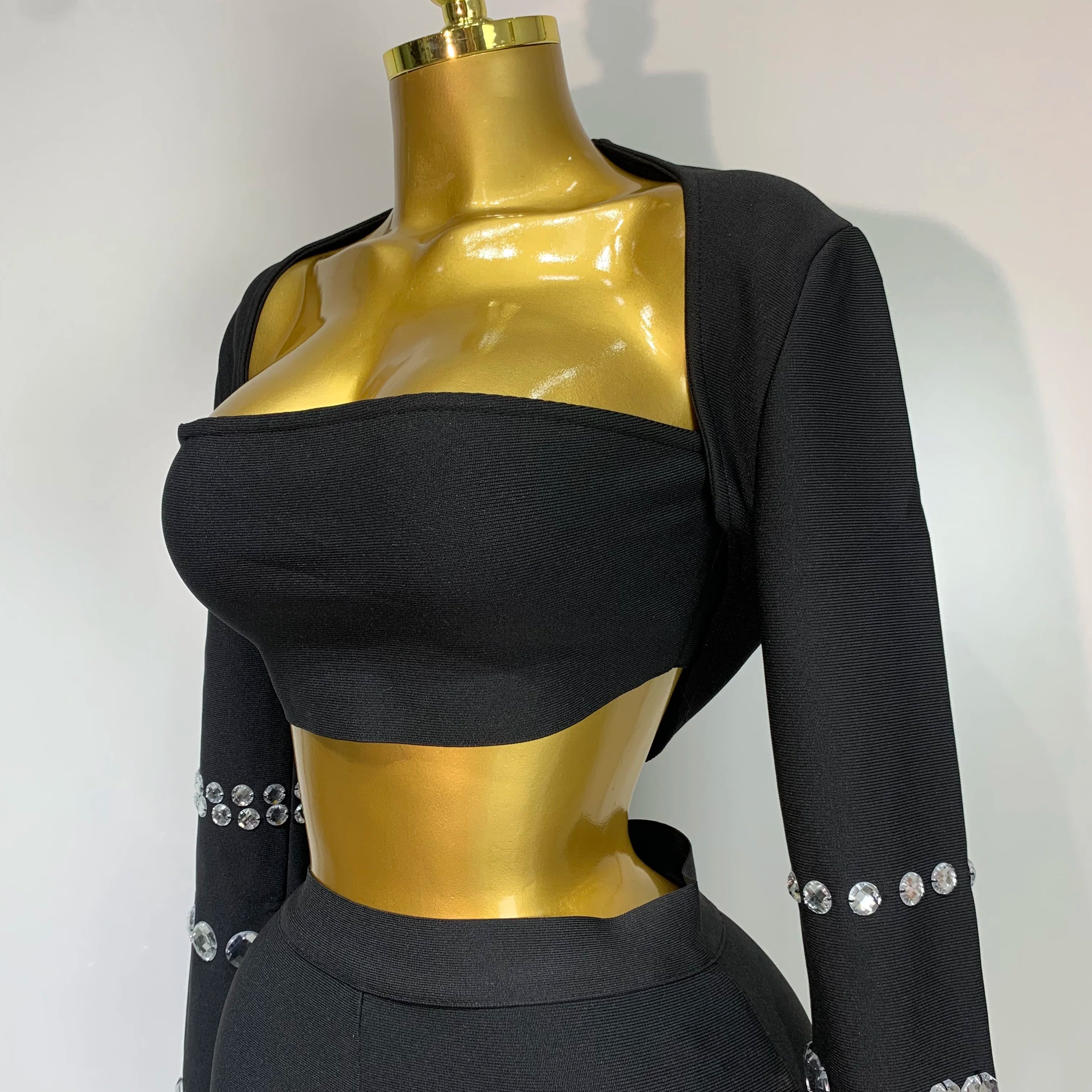 Women Celebrity Sexy Long Sleeve Beading Black Bodycon Bandage Three Piece Set Elegant Evening Club Party Birthday Outfits